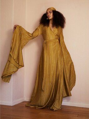 DIARRABLU Womens Maya Exaggerated Sleeve Satin Wrap Dress Gold Small NEW